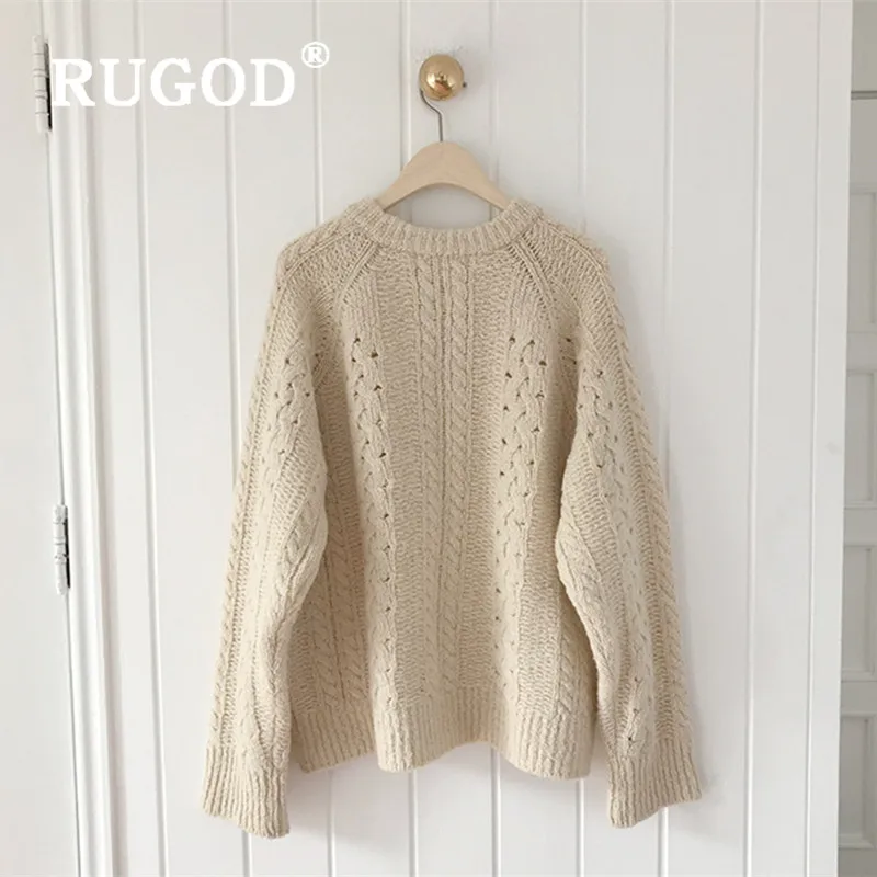RUGOD новый зимний теплый Однотонный свитер пуловер для женщин хлопок о-образный