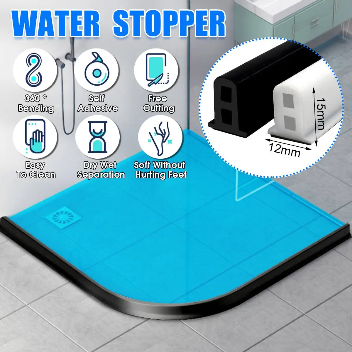 

200cm Silicone Bathroom Water Stopper Blocker Shower Dam Non-slip Dry And Wet Separation Flood Barrier Door Bottom Sealing Strip
