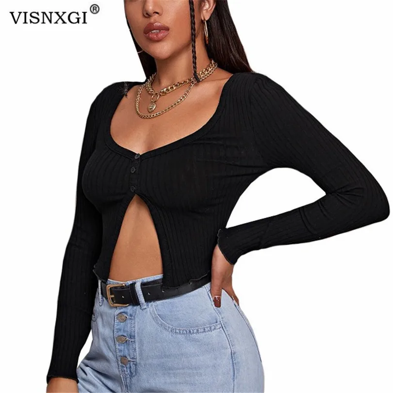 

Женская футболка с молнией VISNXGI, белый и черный кардиган в рубчик с длинным рукавом, повседневный пикантный осенний Топ, уличная одежда