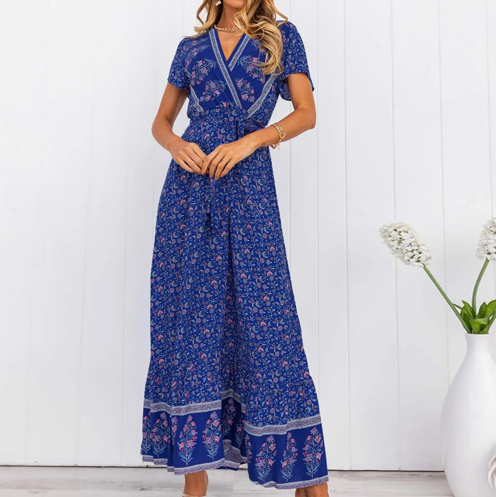 

WomenS Fashion Summer Dress Short Sleeve V-Neck Floral Long Dress With Belt Beach Vacation Bohemian Style Vestidos M*