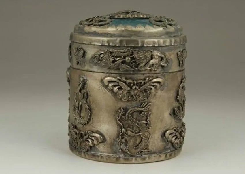 

Elaborado, chino, antiguo tibetano plata dragón hecho a mano estatua Phoenix caja de tabaco