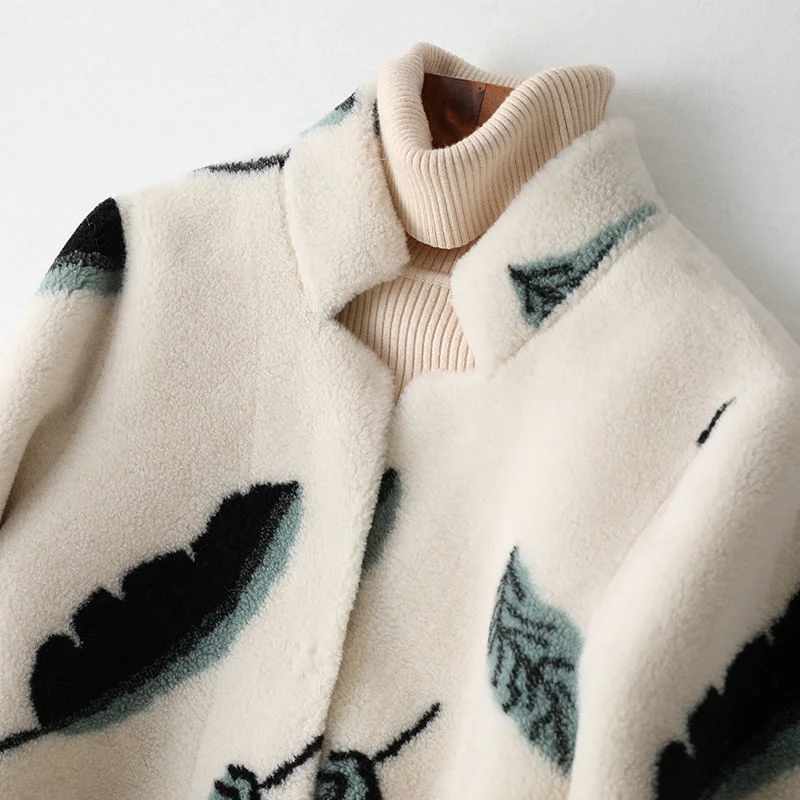 Elegant White Print Flower Real Fur Coat Office Lady Winter Wool Clothes Women Warm Jacket Middle Length Genuine Fur Overcoats