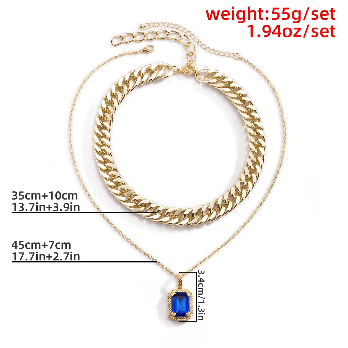 

2Pcs/Set Vintage Cuban Curb Chunky Chain Necklace Women Girl Luxury Blue Crystal Rhinestone Pendant Choker Fashion Neck Jewelry