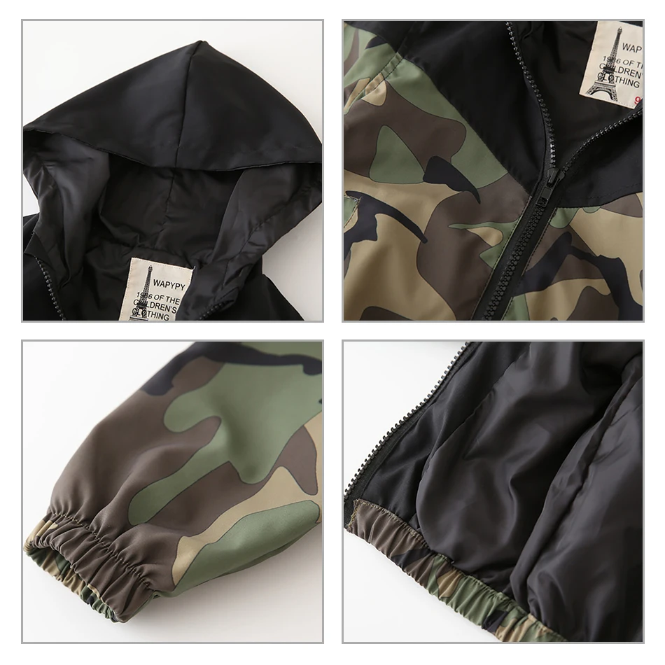 Детская одежда Куртки для мальчиков ветровка на молнии с капюшоном Камуфляжная