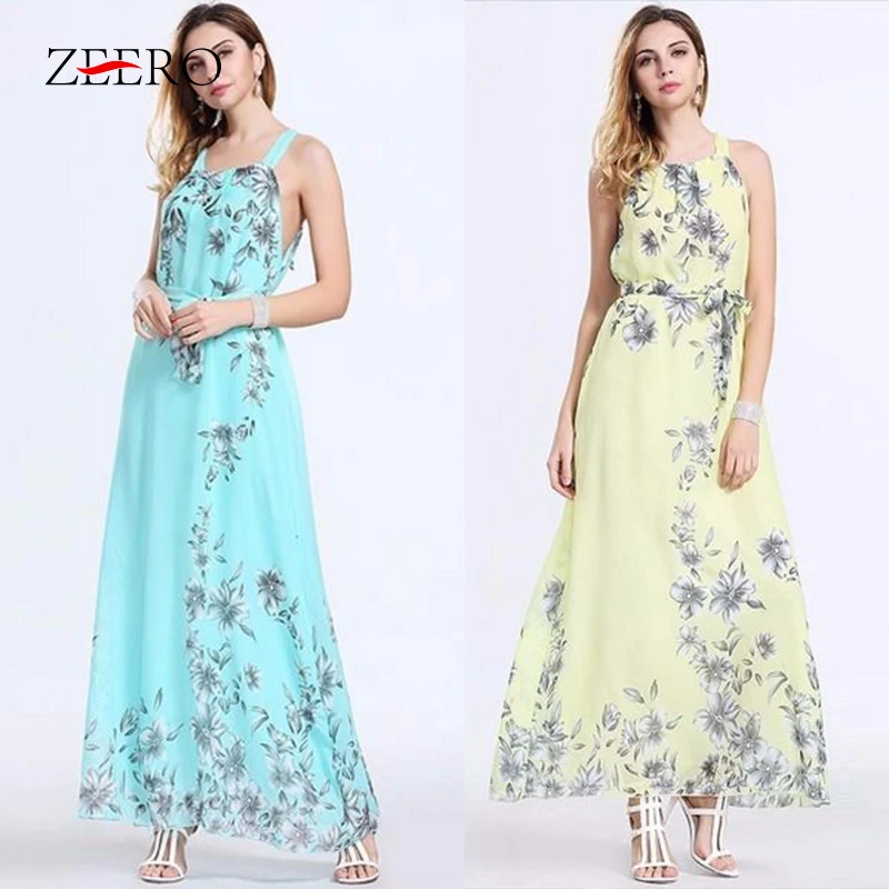 

Summer Women Plus Size Boho Maxi Dresses Elegant Chiffon Floral Print Halter Tunic Sleeveless Pleated Party Dress Vestidos 6XL
