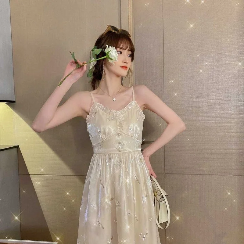 2021 летнее платье женское элегантное милое миди с блестками на бретелях