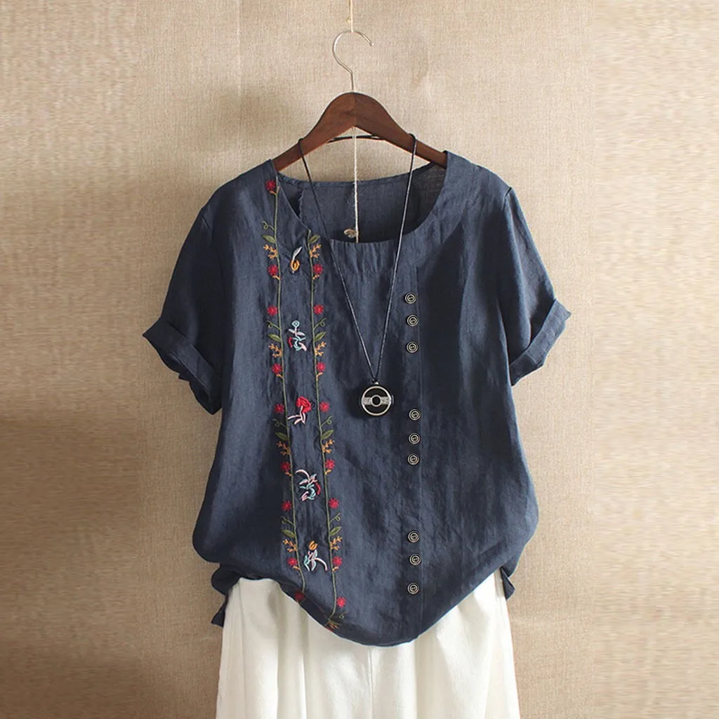 

Women Tops Harajuku Women Bohemian Summer Floral Embroidered Shirt Short Sleeves Top Blouse Blusas Femininas De Verao