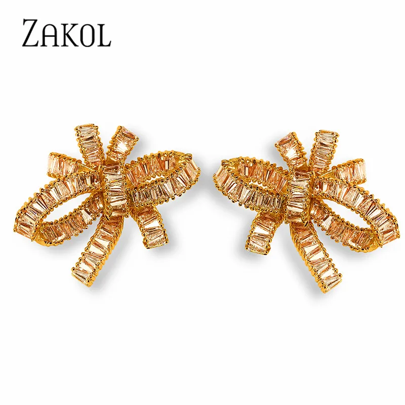 ZAKOL изысканные циркониевые серьги-гвоздики с закрученным сердечком и узлом роскошные белые свадебные украшения для элегантных женщин FSEP366 - Окраска металла: Gold Color