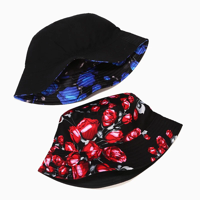 

Vintage Rose Flower Print Bucket Hat For Couples Outdoor Caps Chic Casual Sun Cap Women Travel Hat Accessories 2021 Trendy
