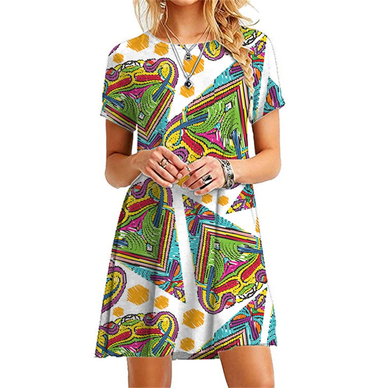 

Women 3D Abstract Print Dresses Summer 2021 New Fashion Streetwear Ladies Sweet Dress Casual Short Sleeve O-Neck Plus Size Dress
