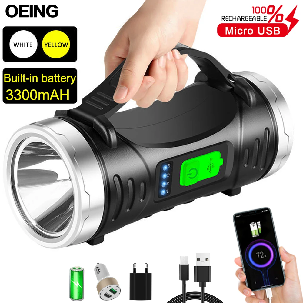 

High-power Portable LED Flashlight White + Yellow Double Searchlight USB Rechargeable Spotlight Waterproof Camping Light Torch