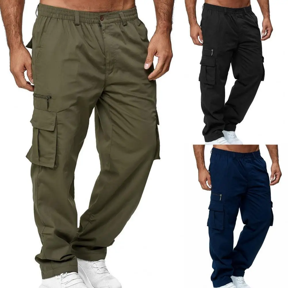 

Men Pants Solid Color Multi Pockets Straight Mid Waist Cargo Pants for Daily Wear