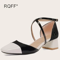 women summer sandals plus large size 44 45 46 47 48 49 50 handmade square toe block heels cross buckle mixed dress ladies shoes