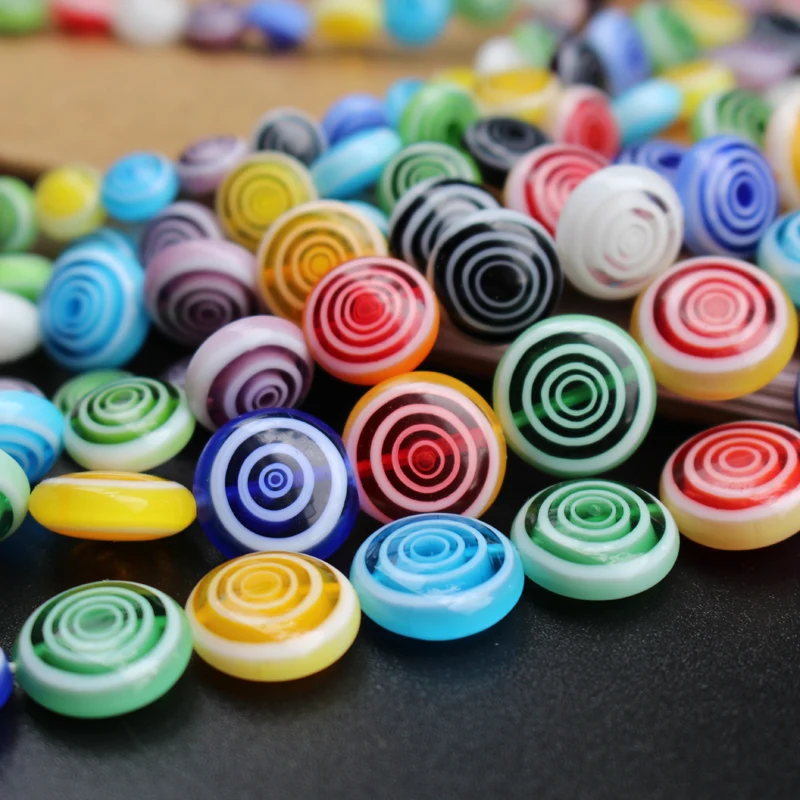

40cm 6 8 10 12mm Lampwork Glass Beads With White Circles loose beads Round Flat Mix colors Colorful Beads for jewelry making