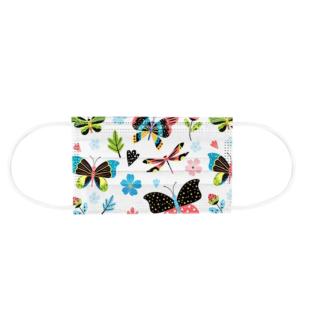 

50pcs Adult Women Disposable Mask Butterfly Printing Multicolor 3-layer Non-woven Dustproof Breathable Ear-mounted Masque