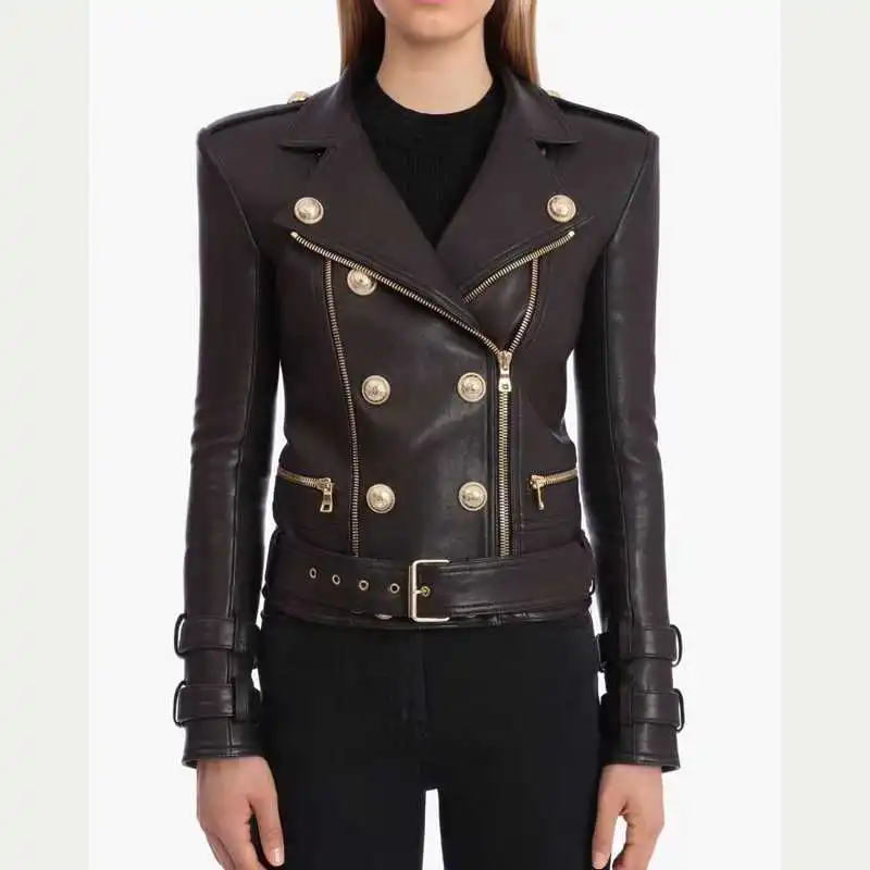 

Женская байкерская куртка-бомбер из натуральной овечьей кожи с длинным рукавом, пальто из 100% овечьей кожи H829