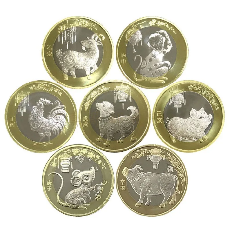 Памятная монета 10 юаней новый китайский зодиак обезьяна курица собака свинья