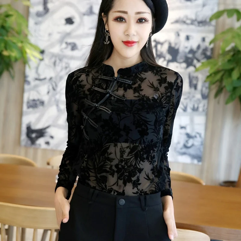 

Chinese Style Clothing Women Fashion 2020 Asian Streetwear Long Sleeve Mesh Balck Cheongsam Top Slim Sexy Crop-Top FF2918