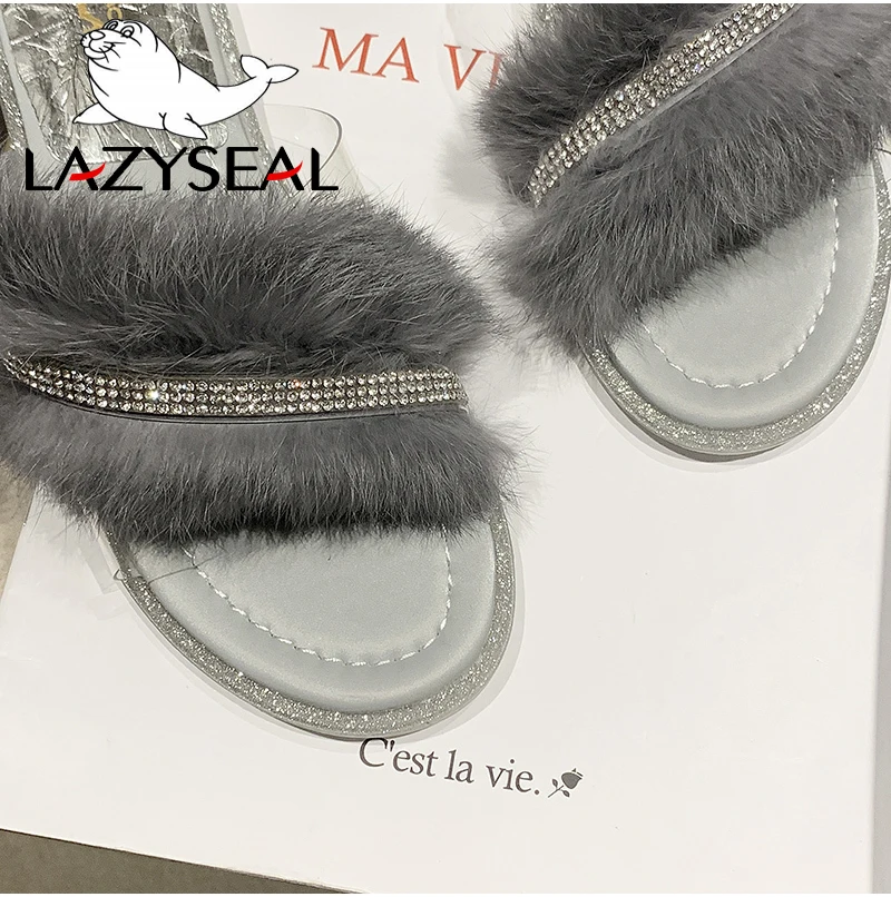 LazySeal/шикарная обувь для ювелирных изделий; женские тапочки из натурального меха; домашние теплые пушистые тапочки на плоской подошве; женские шлепанцы; вьетнамки