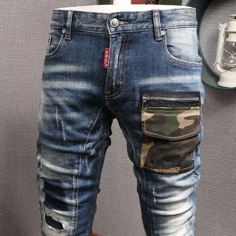 European American Street Fashion Men Jeans Spliced Designer Retro Blue Ripped Jeans Men Patched Pocket Hip Hop Denim Punk Pants