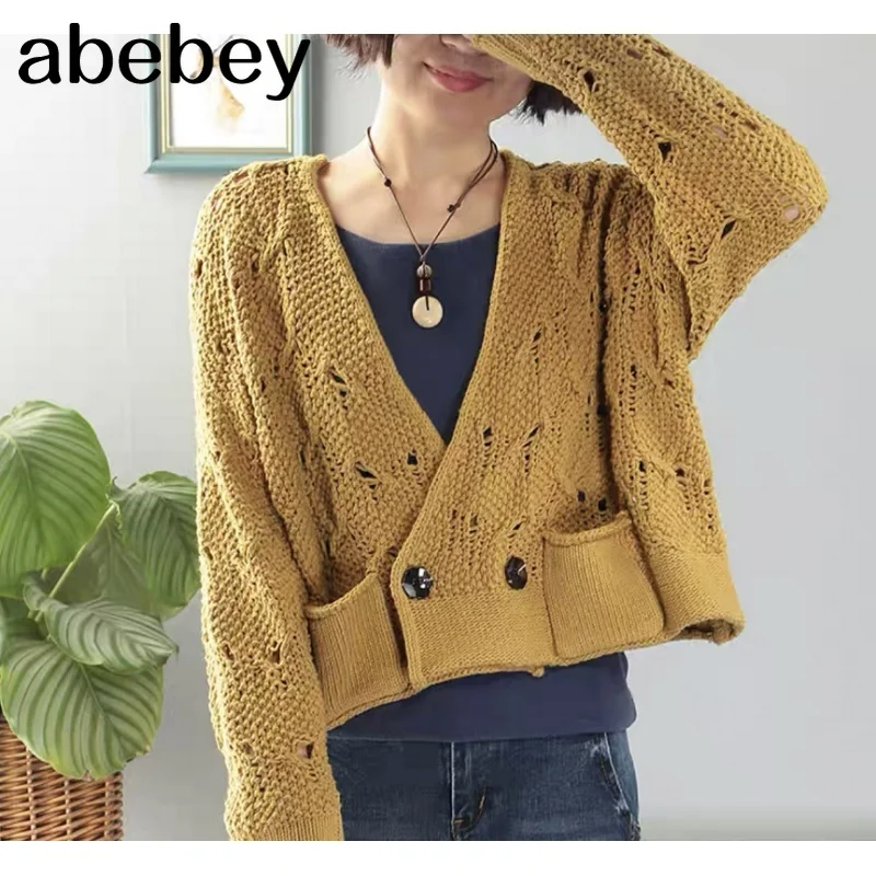

Spring new loose casual hollow thin knit small jacket retro American Korean version