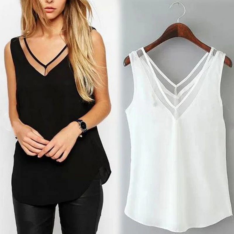 Женская летняя обувь V образным вырезом шифоновые 3XL Топ без рукавов белого и