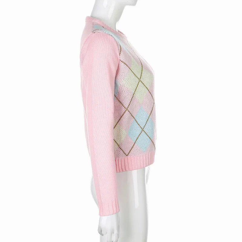

Argyle Plaid Knitted Long Sleeve Autumn Sweater Women Preppy Style Cute Jumpers Winter Fashion Knitwear