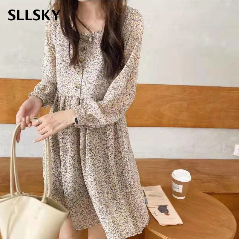 

Sllsky Floral Female Dress Long Sleeve Square Neck Micro Puff Sleeve Knee-length Casual Sweet 2021 Summer New Women Dress