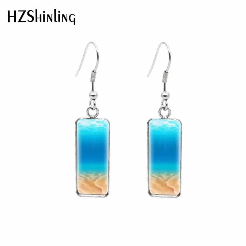 

2021 Summer Sea Beach Patintings Rectangular Hook Earrings Glass Cabochon Dangle Drop Stainless Steel Ear Jewelry