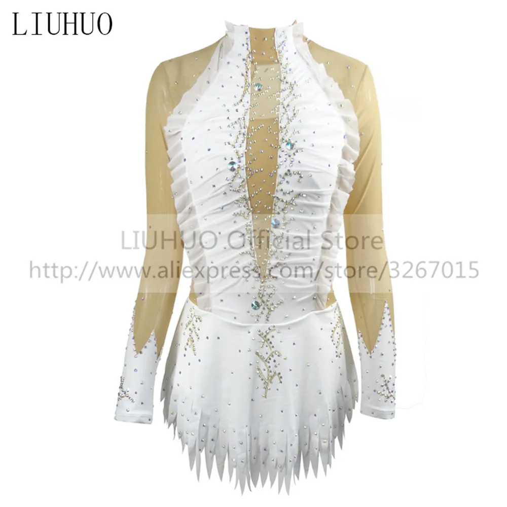 

LIUHUO Women's Girls' Performance Rhythmic Gymnastics Competition Leotard Costume Ice Figure Skating Dress Long Sleeve White