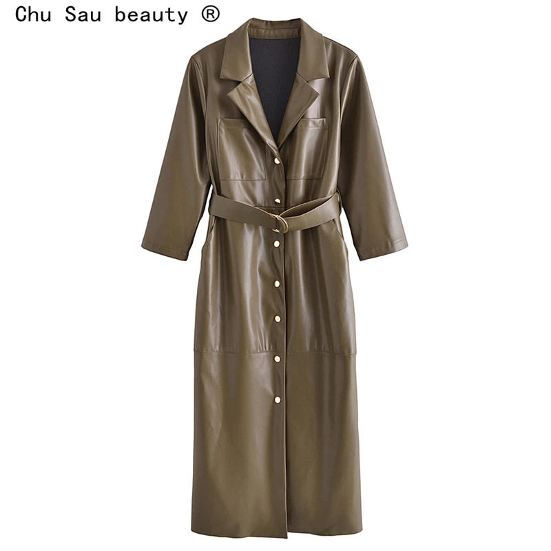 

Женское офисное платье-миди ZA, однотонное повседневное однобортное платье из искусственной кожи с поясом, осень