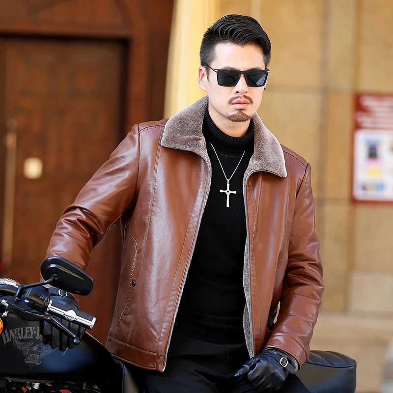 

Winter New Male Thickened lapel Short Slim-fit Collar Plue Size Handsome Trend Motorcycle PU Jacket M-4XL