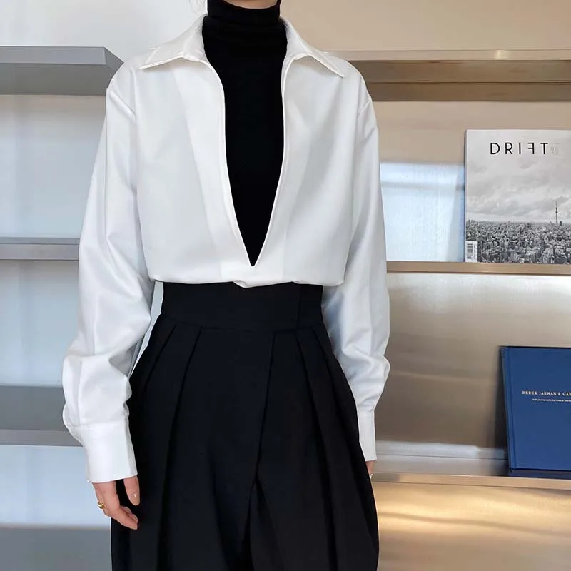 

New Design V-neck Shirt Women Spring Autumn Casual Solid Color Long Sleeve Shirt Women Korean Loose Shirt Chic Workwear
