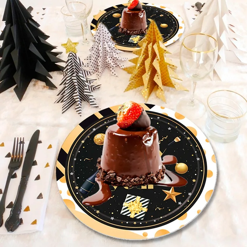 PATIMATE Black Gold Tableware Christmas Tableware Merry Christmas Decoration For Home Table Happy New Year Decor Navidad