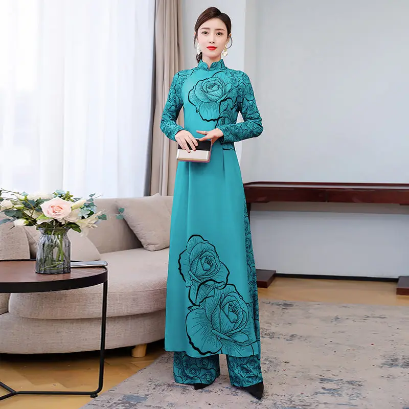 

2021 Spring Summer Women's Cheongsam Tops Loose Two Piece Printed Mid-Length High Slit Dress Shirt And Wide Leg Pants Set y1433