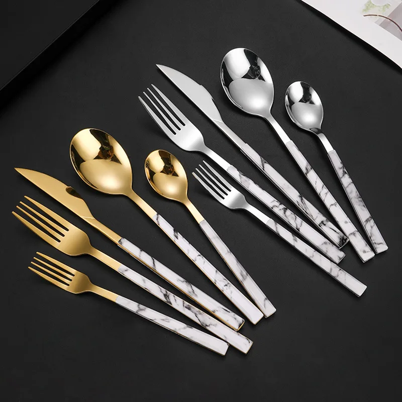 

5 Pcs Marble Pattern Stainless Steel Tableware Cutlery Set Dessert Spoons Steak Knife Forks Western Dinnerware Kitchen Gadget