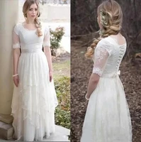 boho wedding dresses half sleeves country bohemian bridal gowns lace tulle scoop neck illusion wedding gowns vestido de noiva