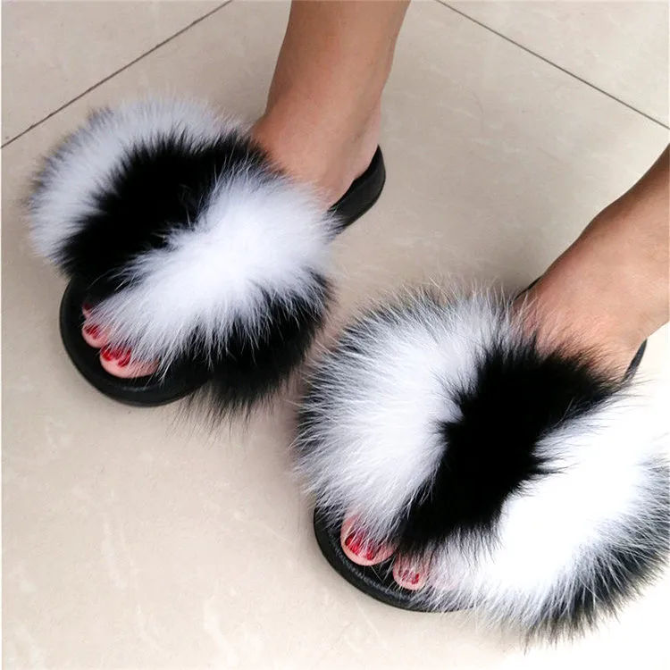 as pic shows 32 Women Fox Fur Slippers Real Fox Fur Slides Lovely Plush Slippers Woman Summer Home Sandals Women Fur Slides Furry Flip Flops Hot - Цвет: as pic shows 32