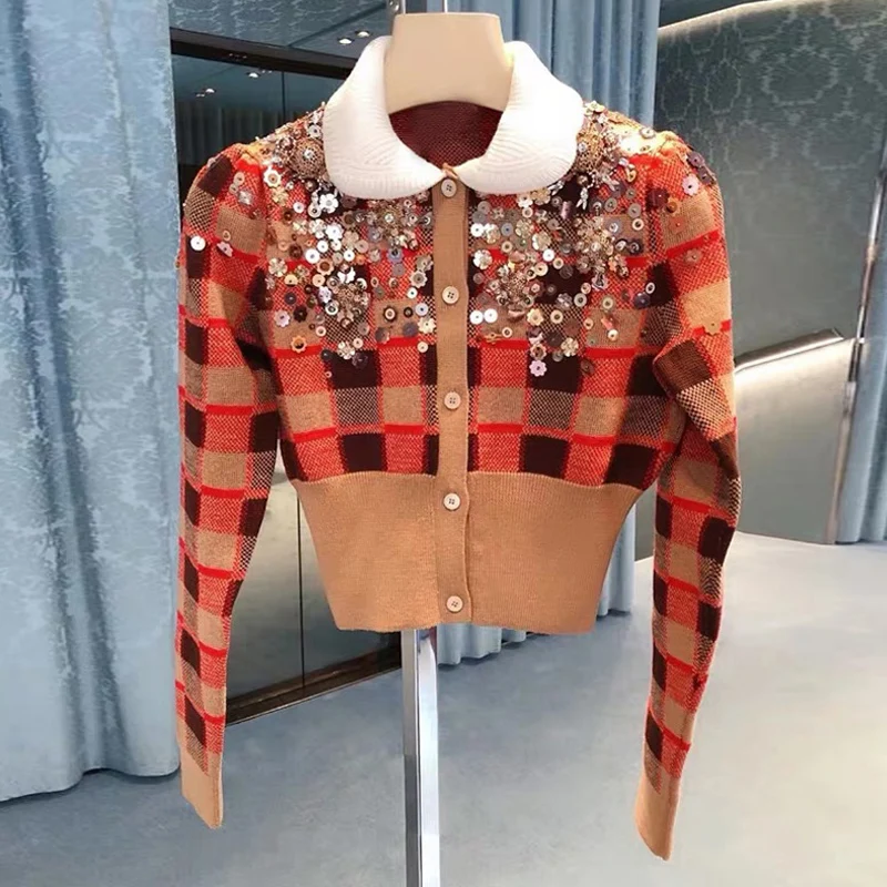 

Runway Designers Woman Sweaters 2020 Autumn Winter Vintage Beading Sequined Plaid Knitted Cardigan Women