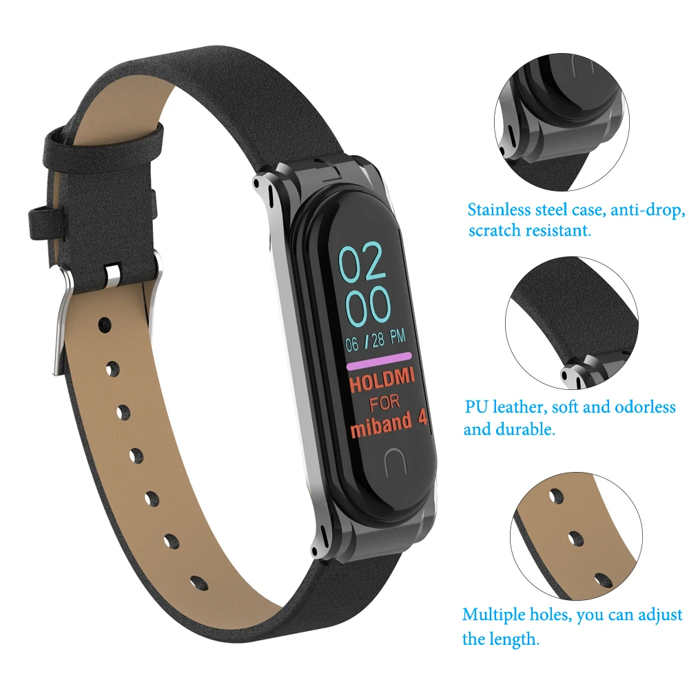 Кожаный ремешок для mi band 4, умный браслет, металлический чехол, PU ремешок для часов, для Xiaomi mi, ремешок, 3 замены, аксессуары для женщин и мужчин