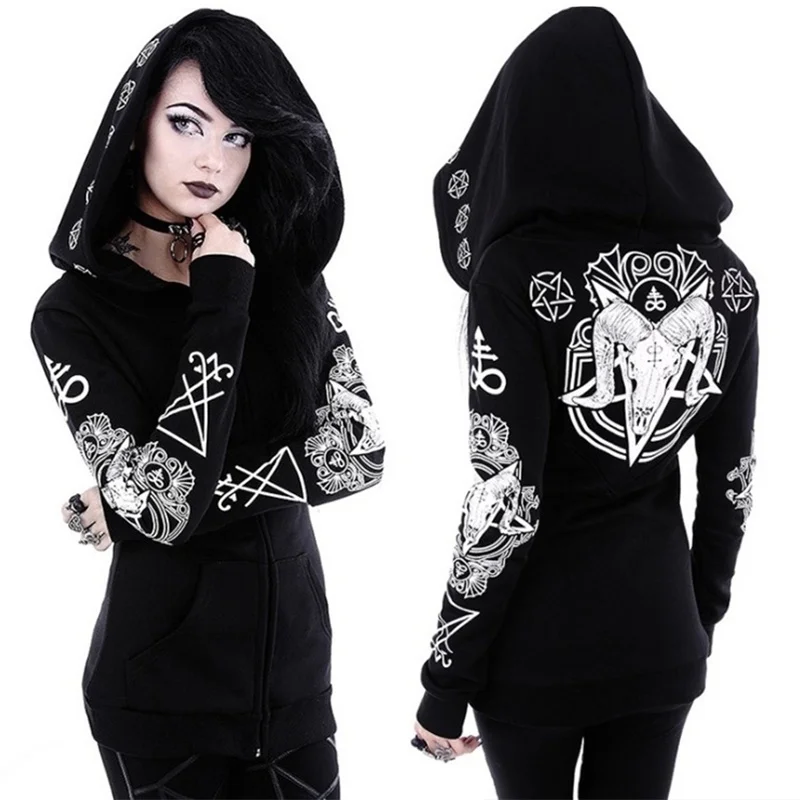 

Gothic Punk Print Hoodies Sweatshirts Women Long Sleeve Jacket Zipper Coat Autumn Winter Female Casual Hoodie Oversized Hood