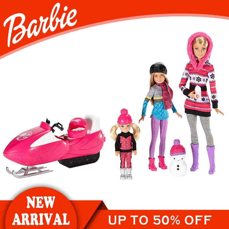 

Barbie Brand Girl Doll Toys Sisters Snow Fun Giftset Snowmobile Sled Accessories 3 Dolls FDR73 Kids Toy Christmas Gift For Kids
