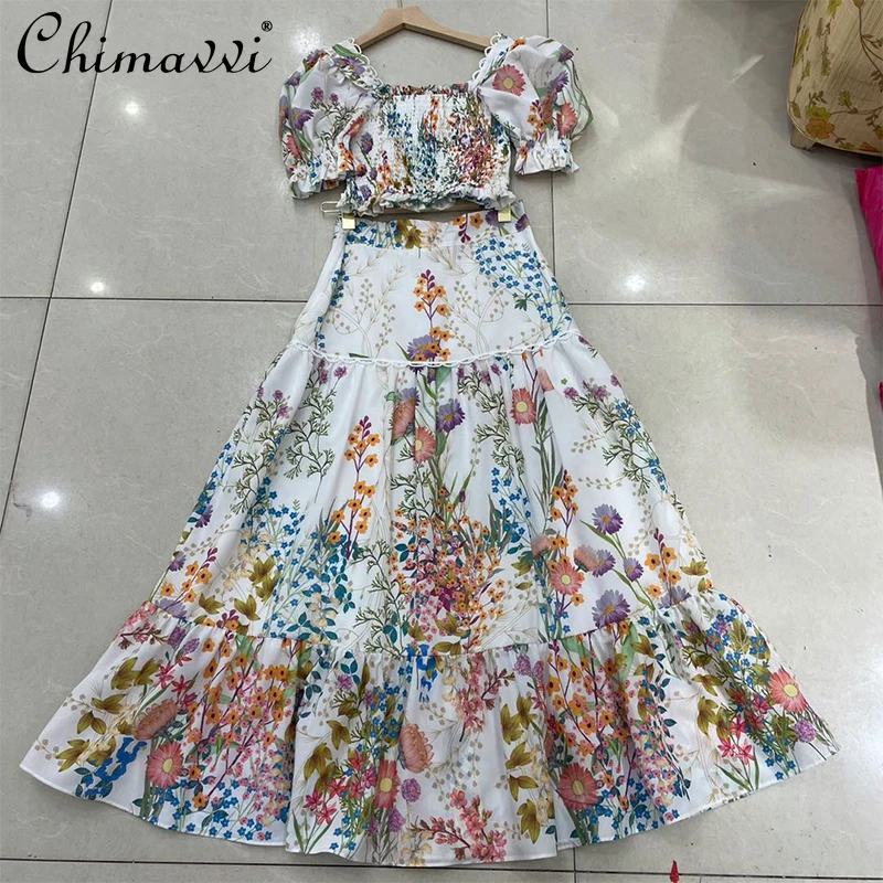 

New elegant sweet femal square collar puff sleeves short top Women's Cotton Printed floral split a-line Skirt two-Piece Set