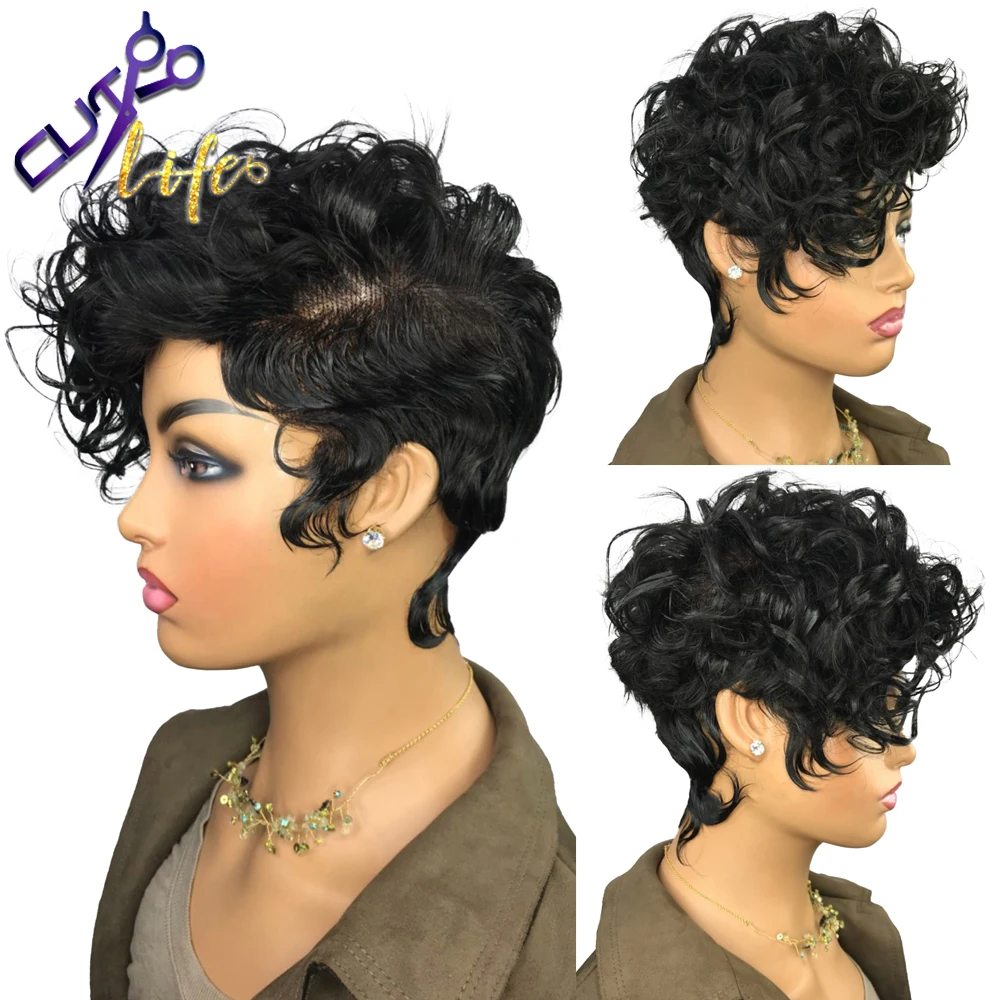 

Curly Pixie Cut Wig Short Bob Human Hair Wig Lace Wig 150% Density For Black Women Preplucked Side Part Indian Remy Cut Life