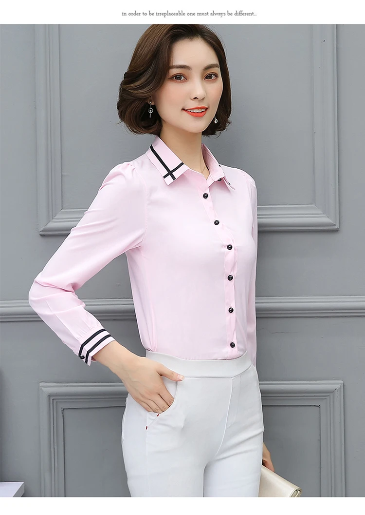 Trabalho Branco Azul Blusa размера плюс с длинным рукавом отложной воротник Camisa Das Senhoras