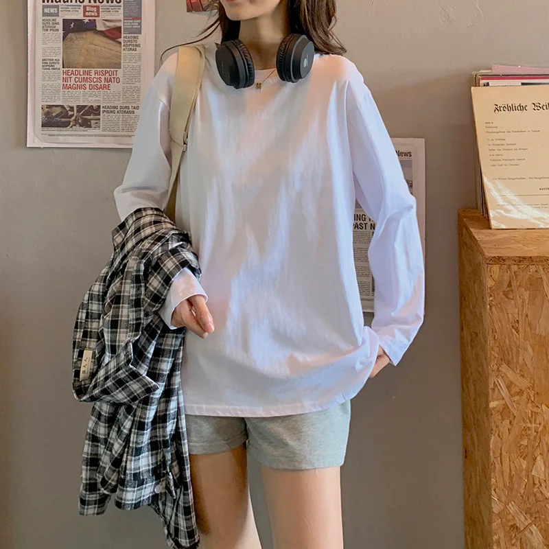 

Combed Cotton Long-Sleeved Oversized T-Shirt Women Loose White Black Bottoming Shirt Top Clothing Korean Fashion 2022 Mujer