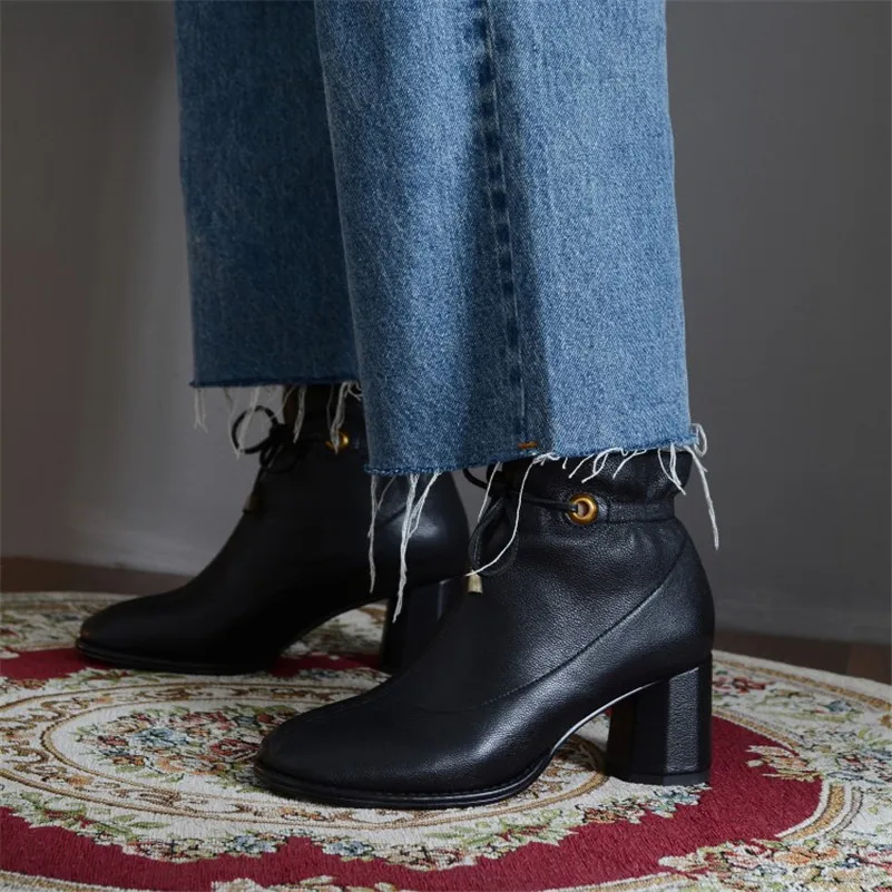 

ANNYMOLI Genuine Leather High Heel Short Boots Women Ankle Boots Shoes Lace Up Block Heels Lady Boots Autumn Beige Red Size 40