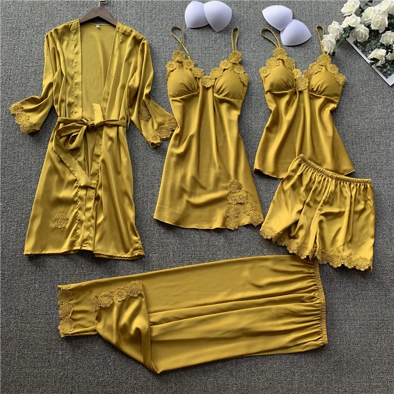 

5 Pieces Women Pajamas Sets Elegant Sexy Lace Faux Silk Sleepwear Woman Stain Spring Summer Autumn Robe Homewear