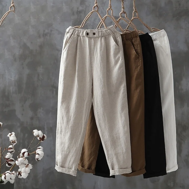 

Cotton Linen Pants Women Spring Summer Ankle-length Trousers Female Elastic Waist Casual Loose Solid Harem Pants Plus Size Capri