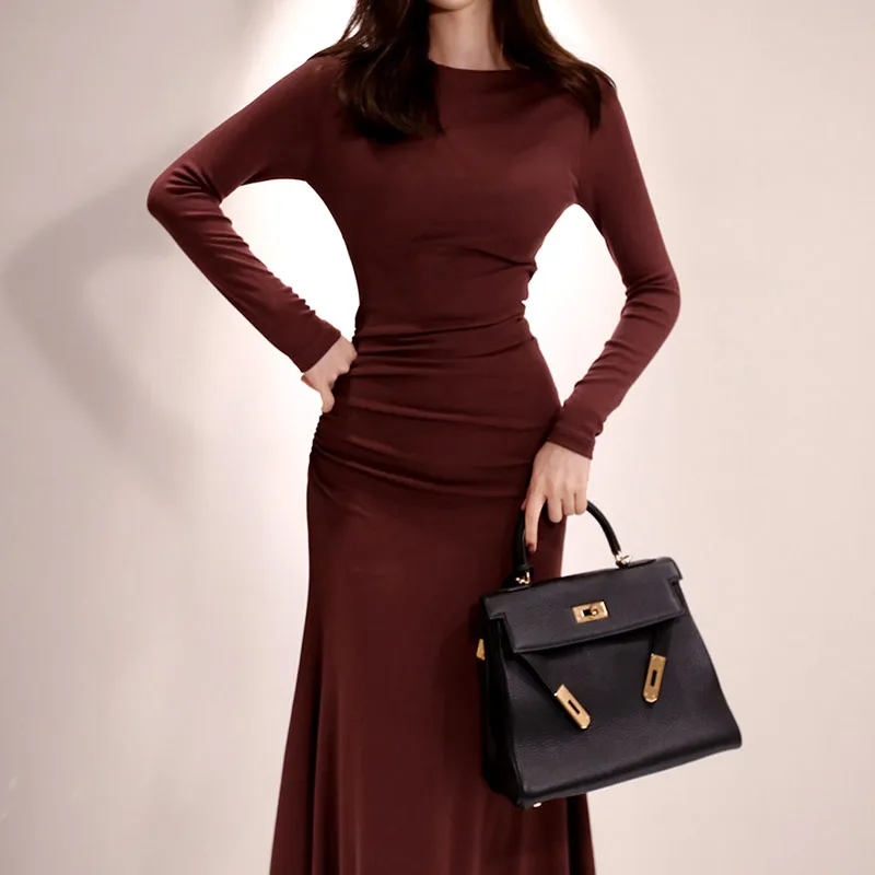 

CINESSD The Sexy Knitted Warm Robe Dress Women Autumn Winter Wine Red Cotton O-neck Long Sleeve Draped Office Party Dress